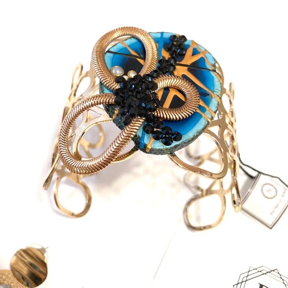 Gold Bracelet Bangle with Blue Agate with Onyx Stones DESIGNER - Picture 4 of 4